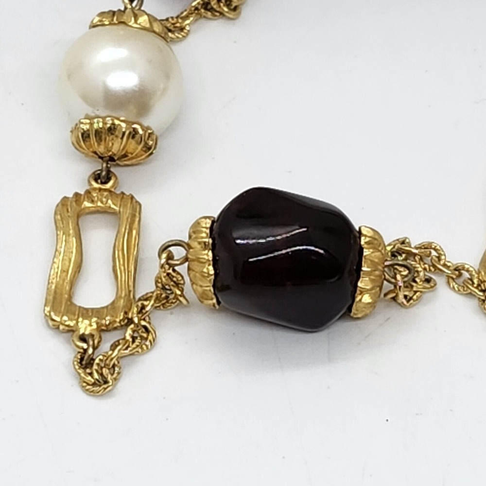 Gold Tone Faux Amber And Pearl Necklace - Picture 8 of 8